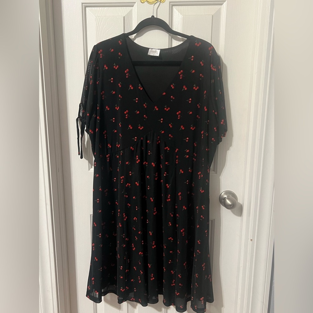 SirenLily Women's 3X Black Dress Cherry Print Dress